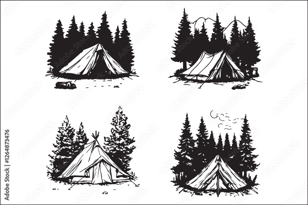 Obraz premium Minimalist Camping Logo Set Vector Line Art Illustrations Outdoor Adventure Camping Logo Set in Clean Line Art Style Modern Camping Logo Vector Pack Outline and Line Art Designs