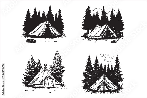 Minimalist Camping Logo Set Vector Line Art Illustrations Outdoor Adventure Camping Logo Set in Clean Line Art Style Modern Camping Logo Vector Pack Outline and Line Art Designs