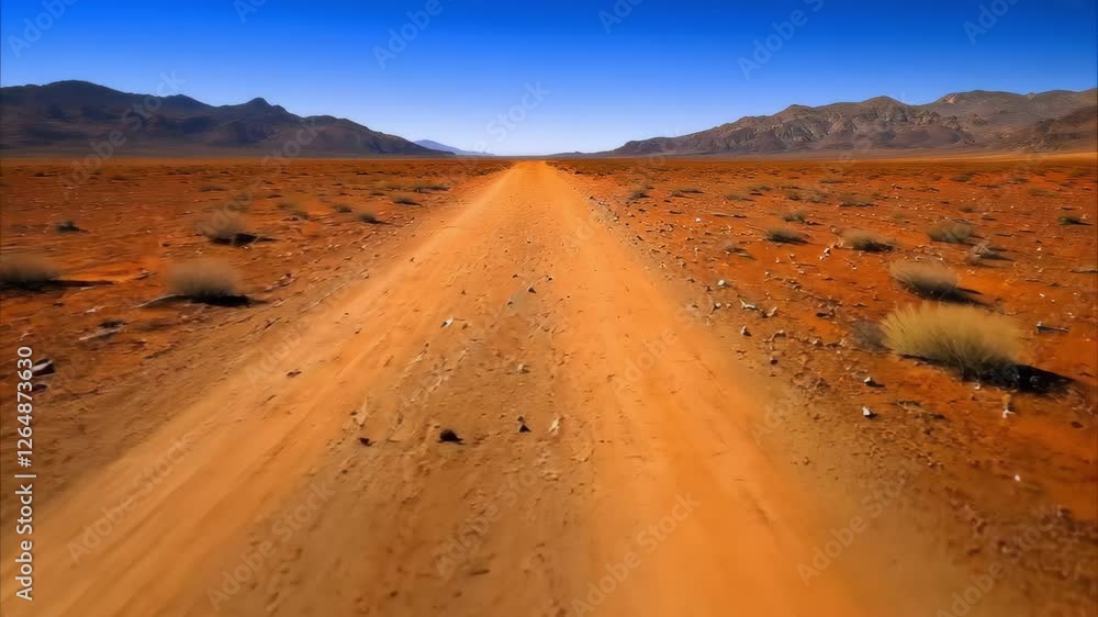 A dirt road stretches through a vast desert landscape, flanked by mountains under a clear blue sky. A dirt road stretches through a vast desert landscape, flanked by mountains under a clear blue sky.