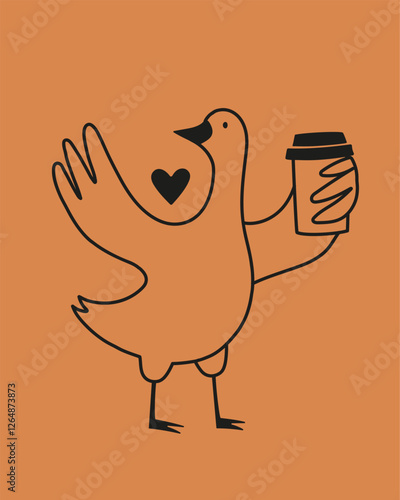 Vector illustration with goose and coffee to go cup. Funny print design with farm bird, cafe wall decoration poster, mug or apparel print design