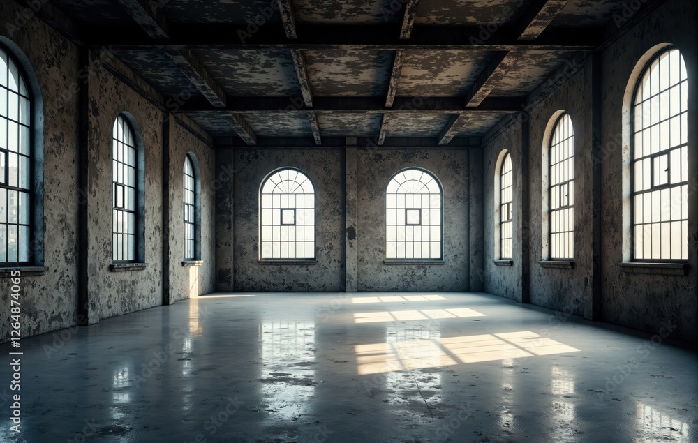 Fototapeta premium Interior View of an Empty Industrial Building with Arch Windows