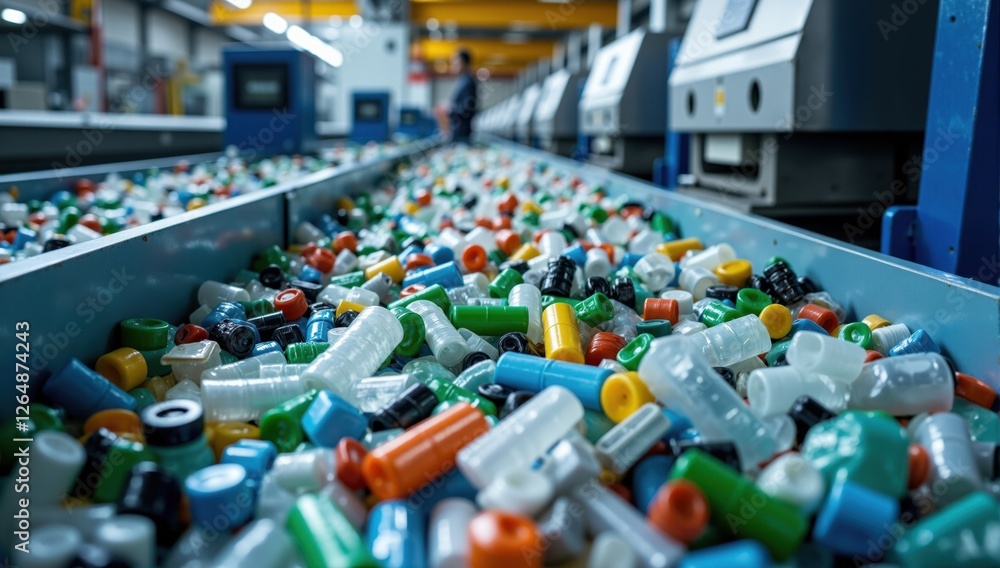 Obraz premium Plastic bottles and caps moving on conveyor belt in recycling plant