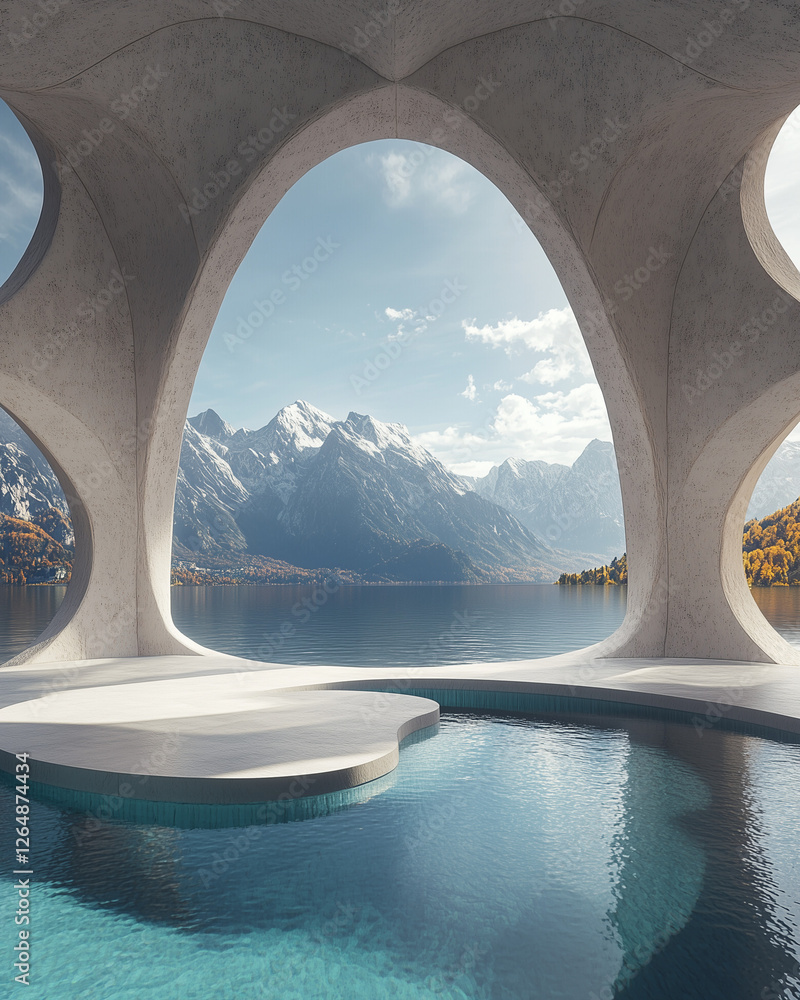 Fototapeta premium 3D render of an arched structure in the middle, with a lake and mountains in the background, and a futuristic pool with a round shape.