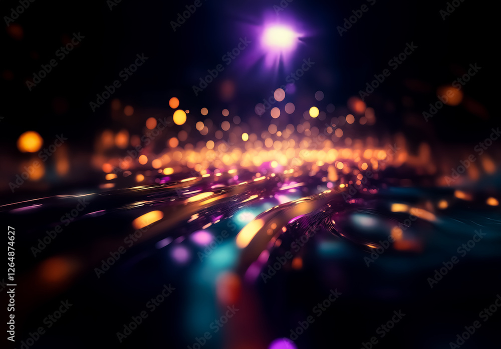 Obraz premium Abstract image featuring blurry and vibrant lights on a dark backdrop, creating a dynamic and energetic feel with a sense of movement and sparkling illumination.