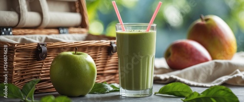 Fresh green smoothie in glass with two straws beside green apple and picnic basket on wooden table with blurred background. Copy Space photo