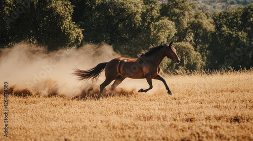 Wallpaper Mural A horse galloping through a dry field, kicking up a dramatic cloud of dust that highlights its speed and power. Torontodigital.ca
