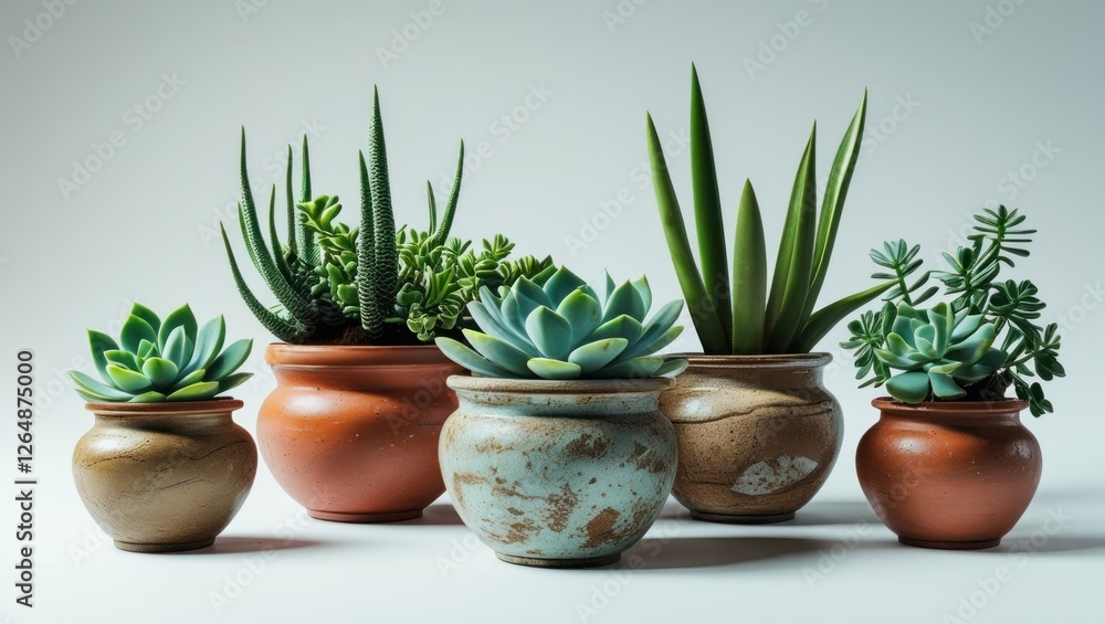 Fototapeta premium Succulent plants in decorative clay pots on a light background showcasing different sizes and shapes with Copy Space