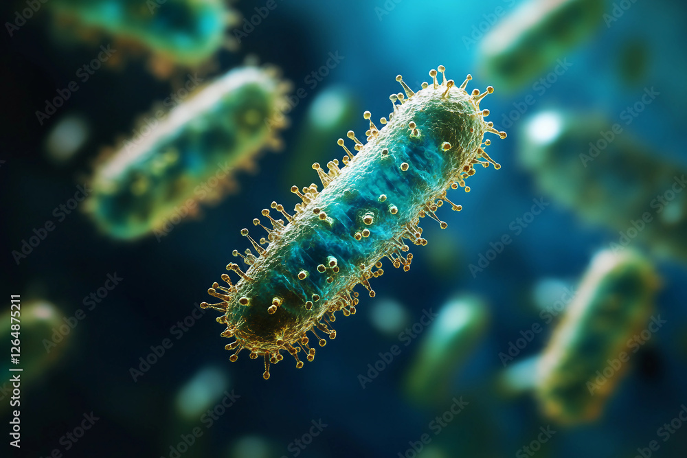 Fototapeta premium Generative AI illustration of microscopic bacterial forms showcasing vivid molecular structures and glowing effects