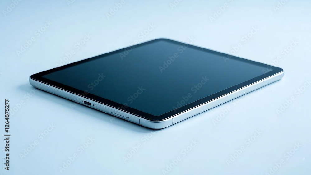a tablet. The dark screen faces up on a light blue surface. a tablet. The dark screen faces up on a light blue surface.