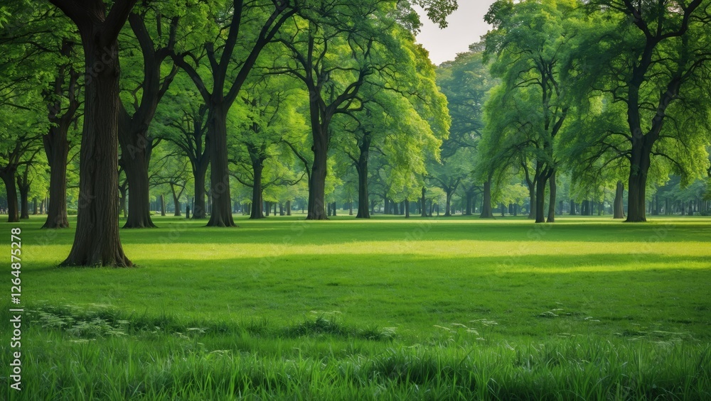 Lush green forest landscape with tall trees and manicured grass under soft sunlight showcasing natural beauty and tranquility Copy Space Lush green forest landscape with tall trees and manicured grass under soft sunlight showcasing natural beauty and tranquility Copy Space