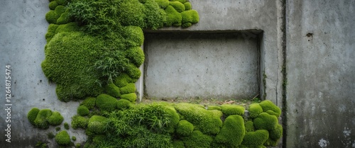 Moss covered concrete wall with empty rectangular space for text or design elements Copy Space photo