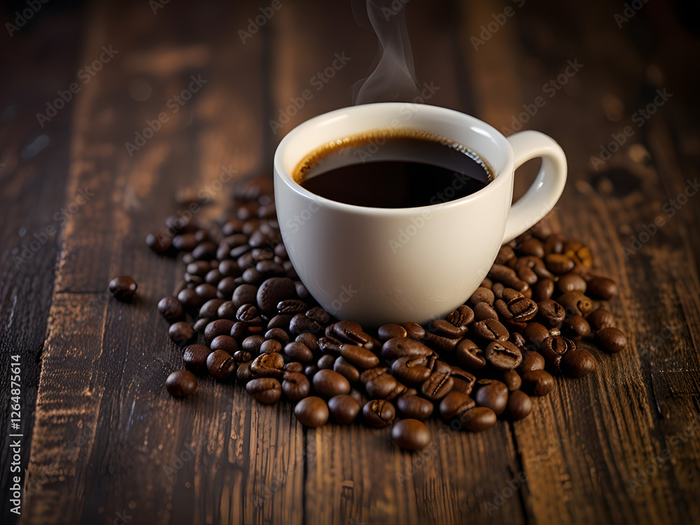 Create a warm and inviting image of a steaming hot cup of coffee situated on a rustic wooden table, surrounded by a few scattered coffee beans and a subtle drizzle of coffee grounds, with a soft, gold Create a warm and inviting image of a steaming hot cup of coffee situated on a rustic wooden table, surrounded by a few scattered coffee beans and a subtle drizzle of coffee grounds, with a soft, gold