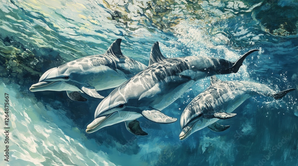 Fototapeta premium endangered dolphins swimming together in crystal-clear waters, their playful movements reflecting the beauty of marine life that is at risk due to overfishing and pollution.