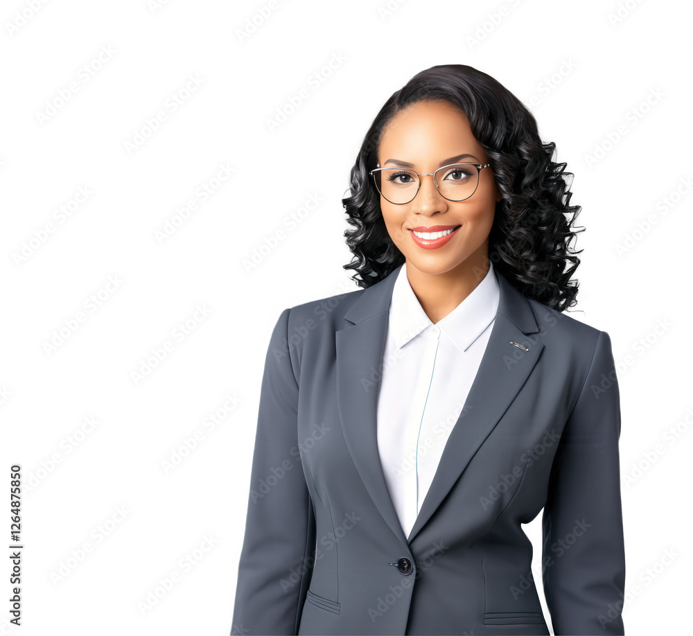 Portrait of a cheerful African American woman with long curly hair and eyeglasses, dressed in a formal gray business suit