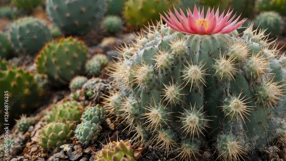 Cactuses with pink flower in desert landscape natural habitat with various species of cacti and rocky soil Copy Space Cactuses with pink flower in desert landscape natural habitat with various species of cacti and rocky soil Copy Space