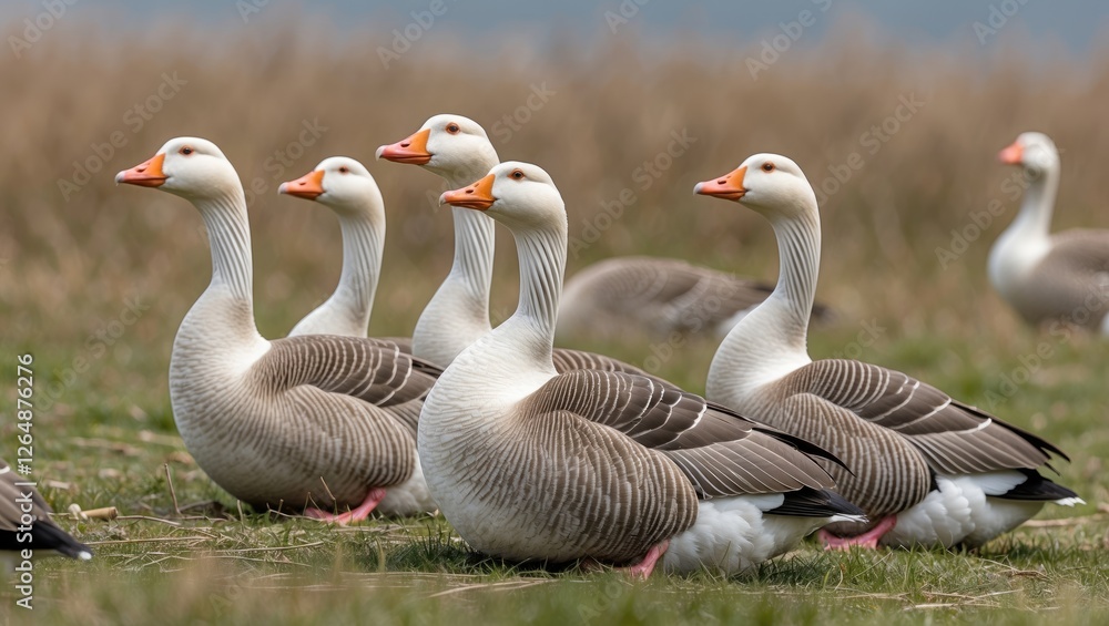Group of Greylag Geese Sitting on Grass in Natural Habitat with Blurred Background Copy Space Group of Greylag Geese Sitting on Grass in Natural Habitat with Blurred Background Copy Space