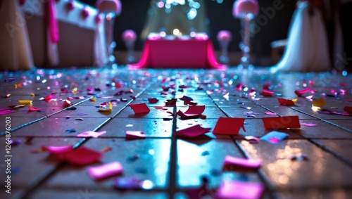 Colorful confetti scattered on the floor at a festive event with decorated tables in the background Copy Space photo