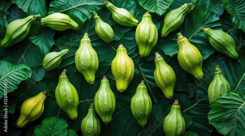 Green papayas arranged on large green leaves with natural lighting suitable for food or tropical themes Copy Space photo