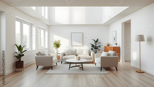 This modern living room boasts a bright interior with white furniture  offering a luxurious and comfortable home design