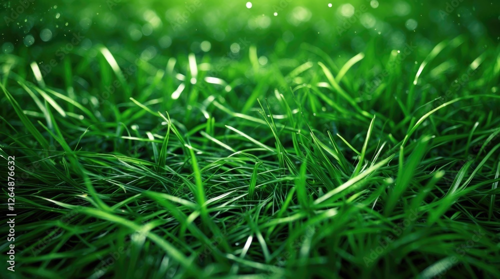 Obraz premium Close-up of lush green grass with dew drops and soft focus background ideal for nature and environmental themes Copy Space