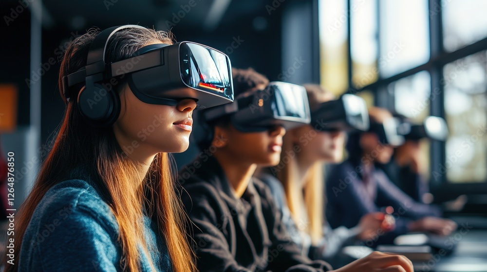 students using augmented reality (AR) technology to explore virtual worlds.