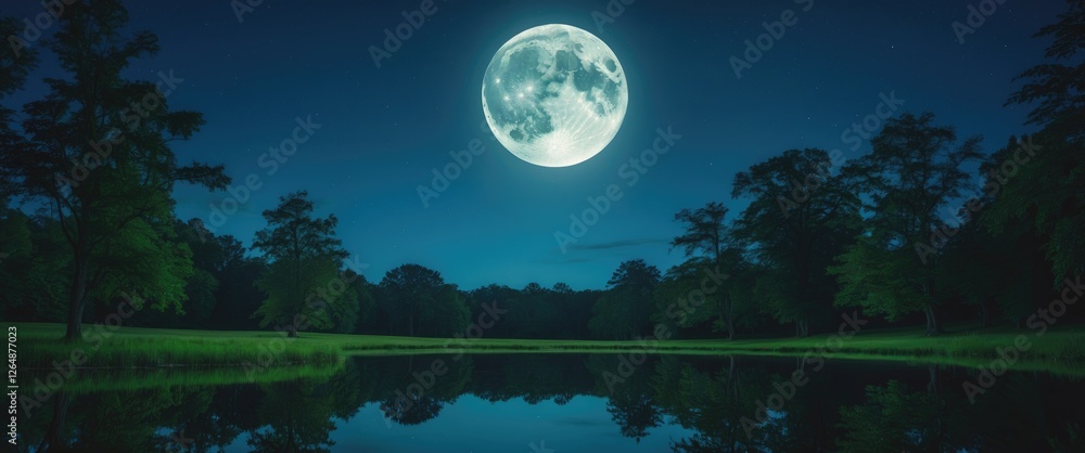 Fototapeta premium Moonlit landscape reflecting on still water with trees under a starry night sky Copy Space