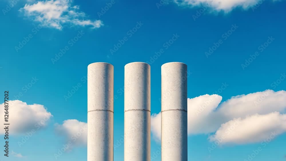 Three Modern Cylindrical Towers Against a Vibrant Blue Sky with White Clouds in a Minimalist Urban Setting Highlighting Architectural Beauty and Cloud Movement in a Stunning Horizon Scene Three Modern Cylindrical Towers Against a Vibrant Blue Sky with White Clouds in a Minimalist Urban Setting Highlighting Architectural Beauty and Cloud Movement in a Stunning Horizon Scene