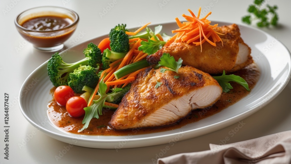 Grilled chicken breast with mixed vegetables and sauce served on a white plate with copy space Grilled chicken breast with mixed vegetables and sauce served on a white plate with copy space