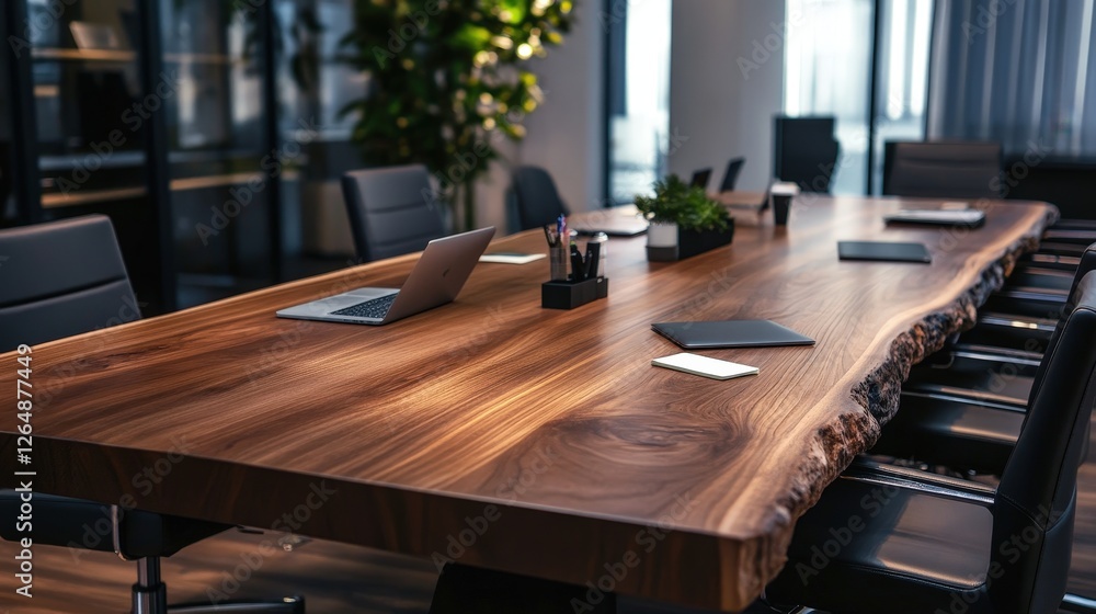 A large conference table made from dark wood, with ergonomic office chairs surrounding it. A large conference table made from dark wood, with ergonomic office chairs surrounding it.