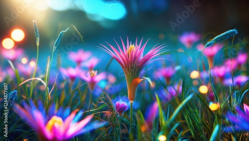 Colorful vibrant flowers in a meadow with blurred lights and a soft bokeh background ideal for nature-themed designs Copy Space photo