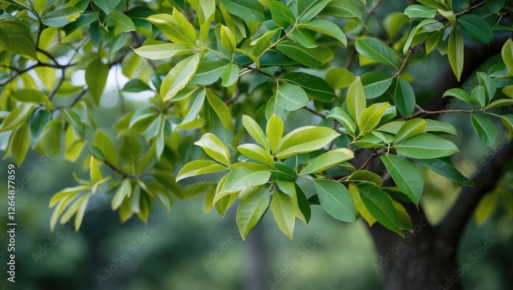 Lush green leaves on tree branch with blurred background natural foliage and depth of field Copy Space