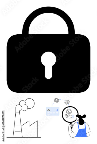 Large black padlock indicating security, woman in blue apron examining online transactions with magnifying glass, factory emitting smoke. Ideal for tech security, industrial safety, research, data