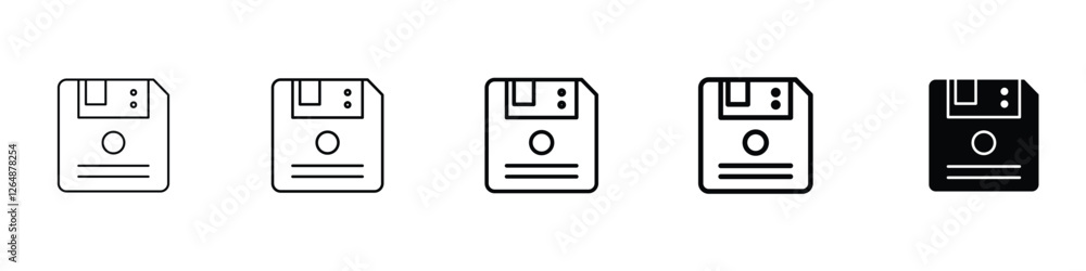 Set of 5 pixel perfect Floppy disc icon with 1 unexpanded, 1 silhouette, Floppy disc icon representing storage, data and technology, perfect for retro, computing and file-saving designs Set of 5 pixel perfect Floppy disc icon with 1 unexpanded, 1 silhouette, Floppy disc icon representing storage, data and technology, perfect for retro, computing and file-saving designs