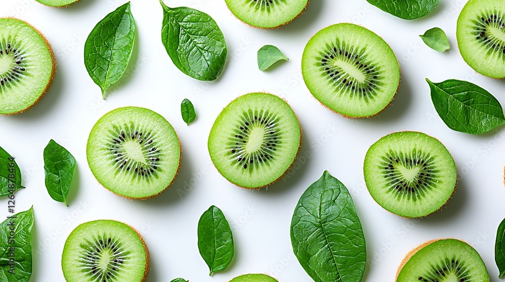 Fototapeta premium Kiwi slices and leaves flat lay. Food background