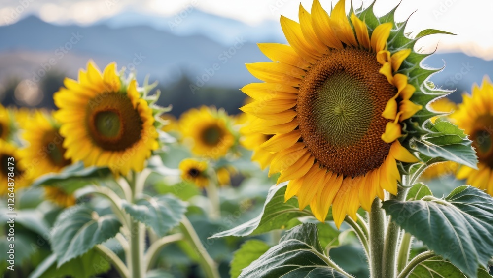 Fototapeta premium Close-up of vibrant sunflowers in a field during golden hour with mountains in the background and soft focus on surrounding flowers Copy Space