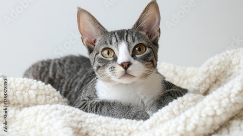 Cute cat looking at the camera laying on a fluffy blanket. Generative AI photo