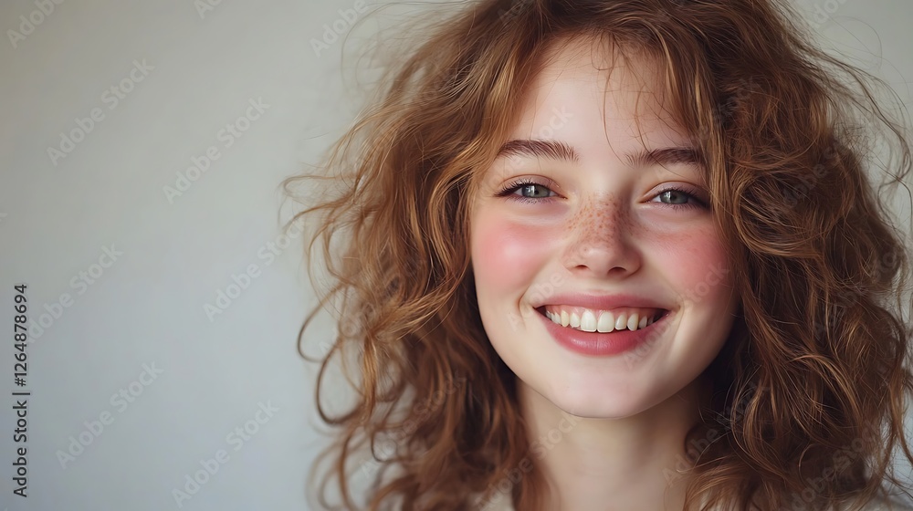 Portrait of a Smiling Young Woman with Curly Hair and Radiant Expression Portrait of a Smiling Young Woman with Curly Hair and Radiant Expression