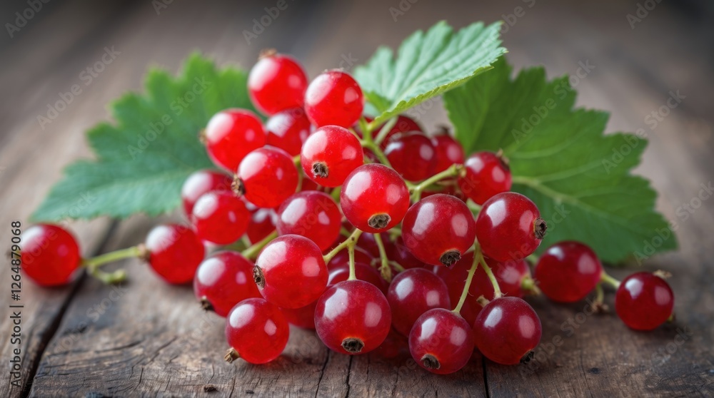 Fresh red currants with green leaves on rustic wooden background Copy Space