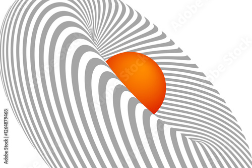 Abstract optical illusion with wavy gray lines and vibrant orange sun on a white background. Futuristic geometric design with surreal depth effect, flowing curves, and modern minimalism.