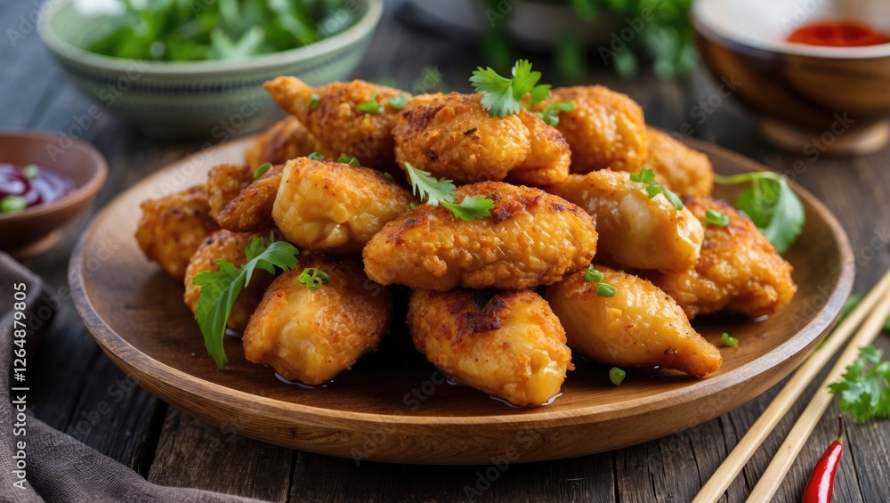 Crispy fried chicken wings served on a wooden plate with fresh herbs and dipping sauce on a rustic wooden table with copy space Crispy fried chicken wings served on a wooden plate with fresh herbs and dipping sauce on a rustic wooden table with copy space