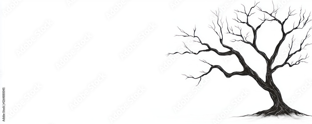 Fototapeta premium Leafless black tree silhouette on a plain white background representing loneliness and desolation in nature