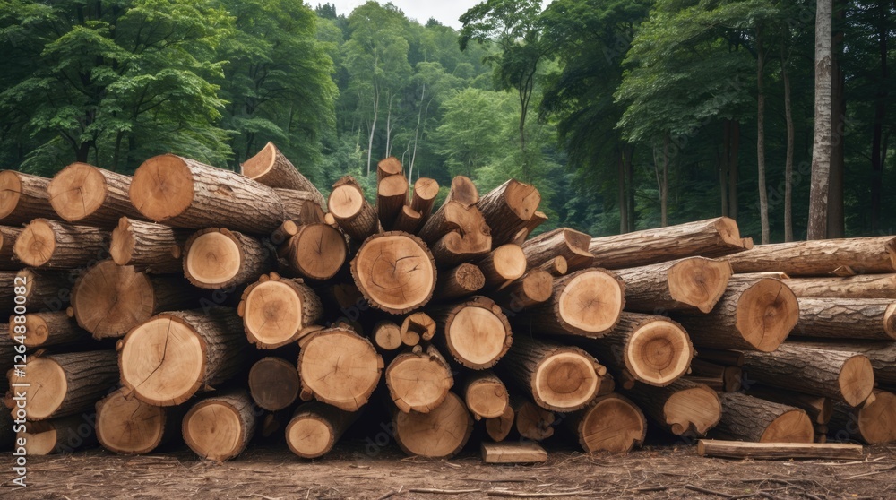 Stacks of freshly cut tree logs in a forest setting with surrounding greenery and soft natural light Copy Space Stacks of freshly cut tree logs in a forest setting with surrounding greenery and soft natural light Copy Space
