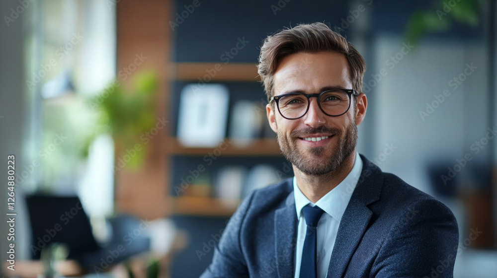 Fototapeta premium Professional man smiling in modern office setting with plants and books in the background during daytime
