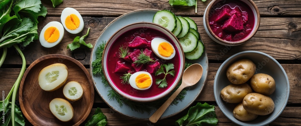 Traditional beetroot soup served in a bowl with sliced cucumbers, halved boiled eggs, potatoes and fresh herbs on wooden table with Copy Space Traditional beetroot soup served in a bowl with sliced cucumbers, halved boiled eggs, potatoes and fresh herbs on wooden table with Copy Space