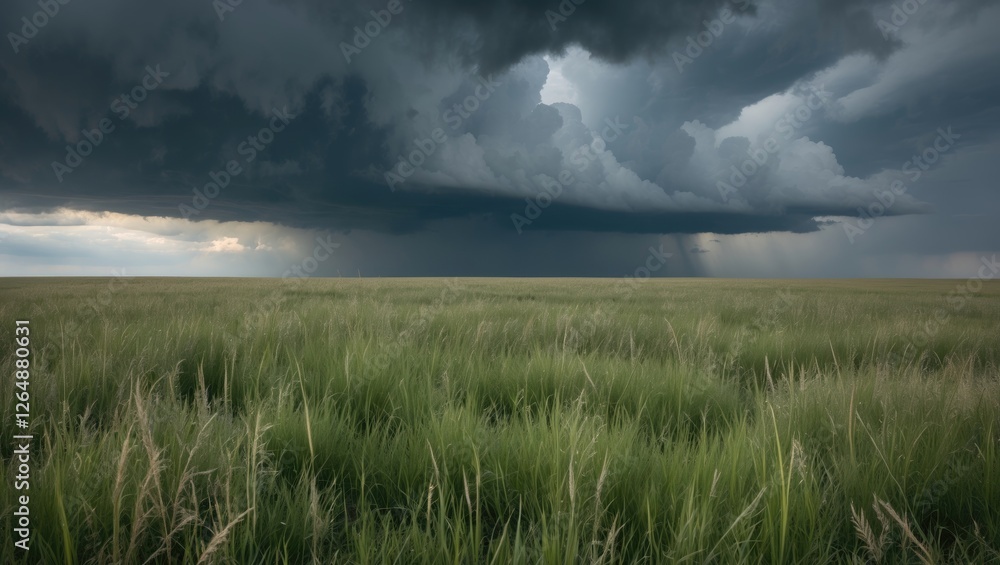Dramatic storm clouds over a vast green field landscape with dark ominous sky and rain in the distance Copy Space Dramatic storm clouds over a vast green field landscape with dark ominous sky and rain in the distance Copy Space