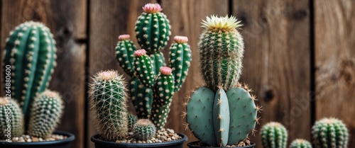 Variety of potted cacti in front of a rustic wooden background with vibrant blooms and textured surfaces ideal for botanical themes Copy Space photo