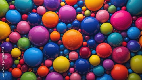 Colorful assortment of glossy balls in various sizes and vibrant hues on textured background suitable for abstract or artistic compositions Copy Space