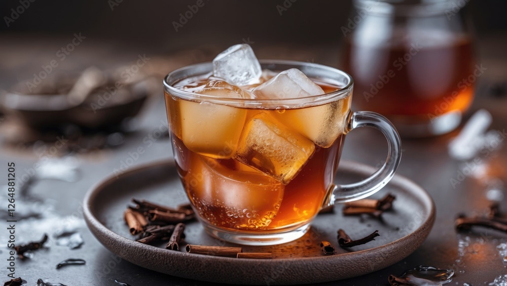 Iced tea with ice cubes in a clear glass cup on a wooden plate with cloves and a glass jar in the background Copy Space Iced tea with ice cubes in a clear glass cup on a wooden plate with cloves and a glass jar in the background Copy Space