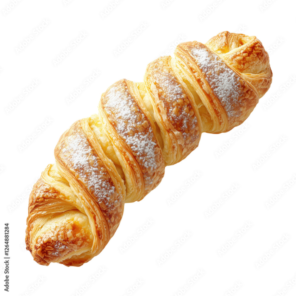 Twisted puff pastry with a golden, flaky crust and powdered sugar, isolated on a transparent background. Twisted puff pastry with a golden, flaky crust and powdered sugar, isolated on a transparent background.