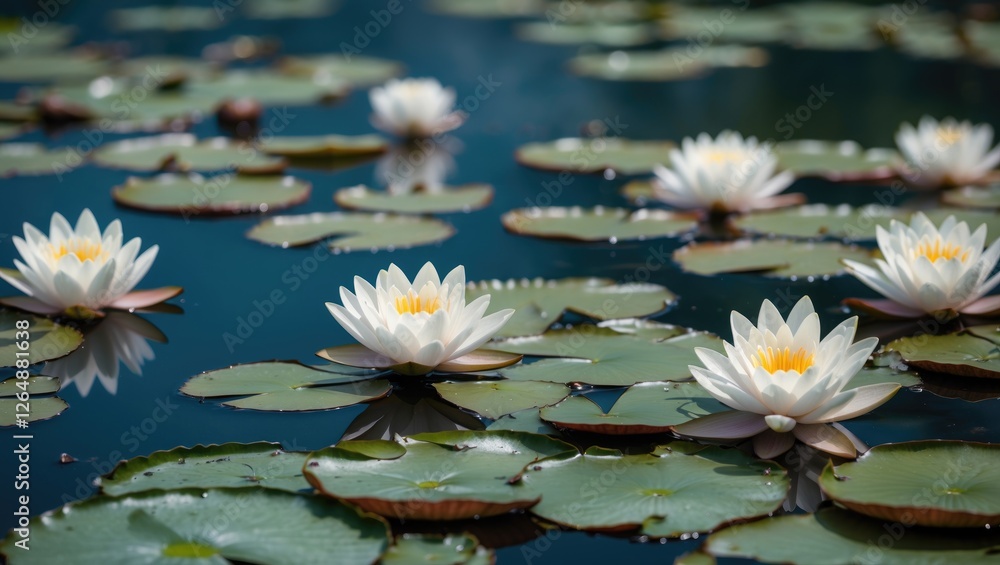 Water lilies blooming on floating lily pads in a tranquil pond with reflections and blue water Copy Space Water lilies blooming on floating lily pads in a tranquil pond with reflections and blue water Copy Space